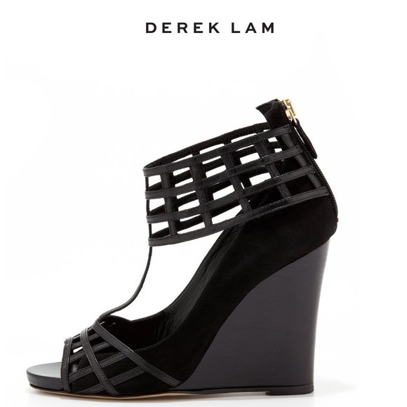DEREK LAM 'BERYL' Cage T-STRAP BLACK Suede Leather PEEP-TOE WEDGES! Size 7! - Picture 1 of 7
